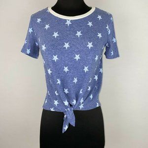 Alternative Apparel S Blue Stars Print White Trim Tie Front Cropped Tee